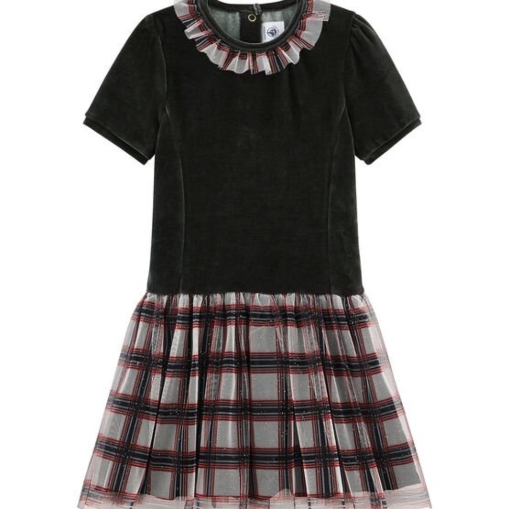 Petit Bateau Black Velvet Dress with Red and White Plaid Skirt